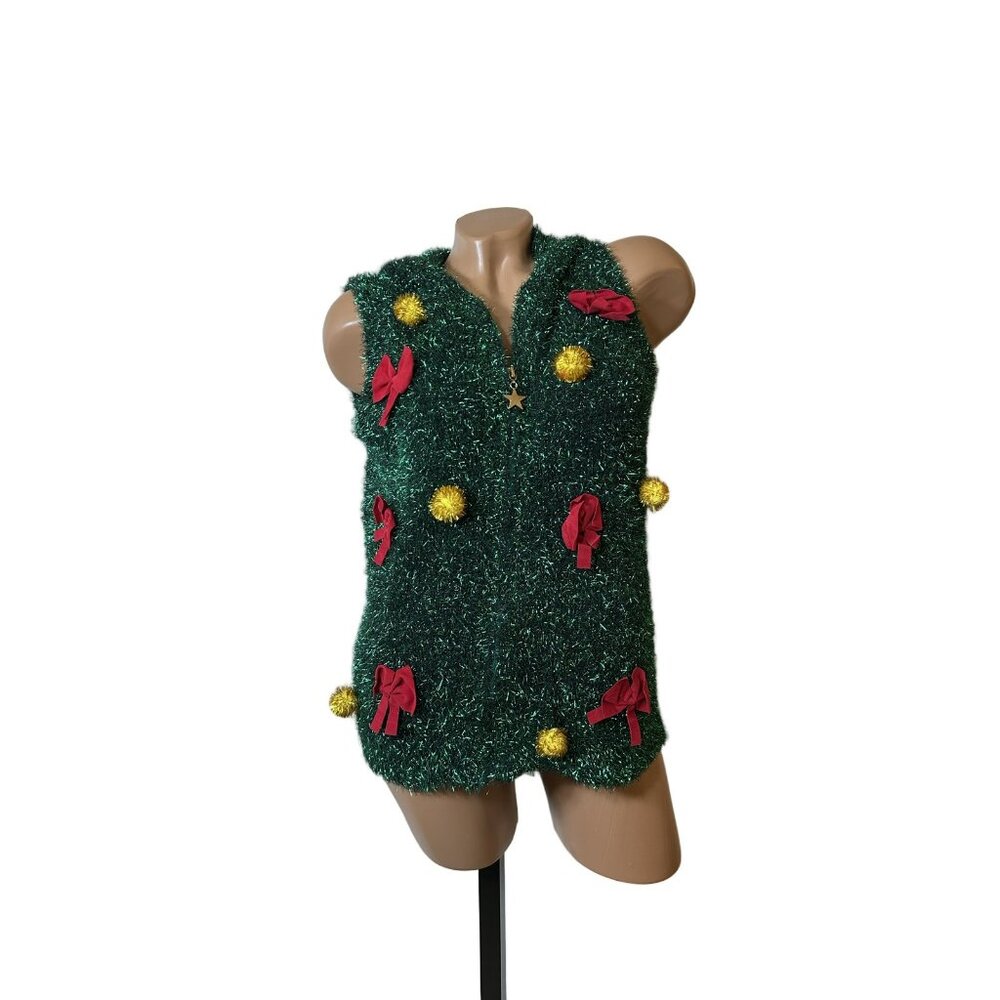 Holiday Christmas Tree Vest S Fuzzy Tinsel Hooded Festive Novelty Top